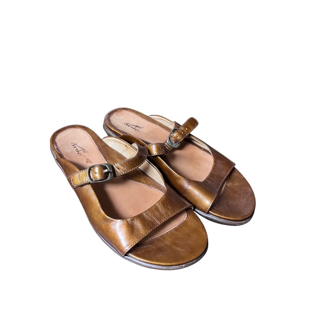 Dansko Womens Metallic Bronze Leather Buckle Slide Wedge Sandals Size 37 6.5-7